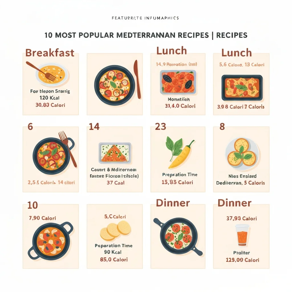 Grille récapitulative des 10 recettes méditerranéennes classées par repas avec temps de préparation et calories