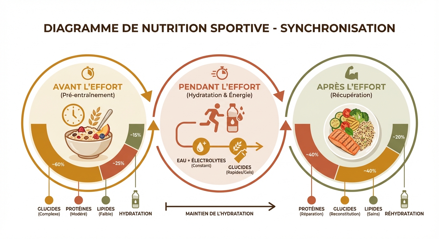 Chronologie nutritionnelle du sportif : repas pré-effort, hydratation, récupération