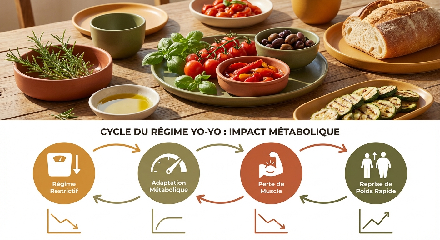 Infographie du cycle de l'effet yoyo et de l'adaptation métabolique compensatoire