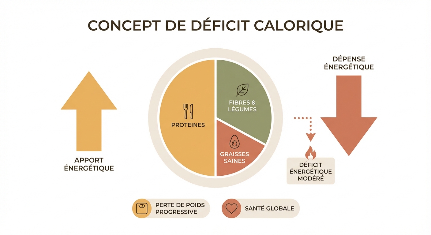 Infographie expliquant le concept de déficit calorique modéré avec répartition des macronutriments