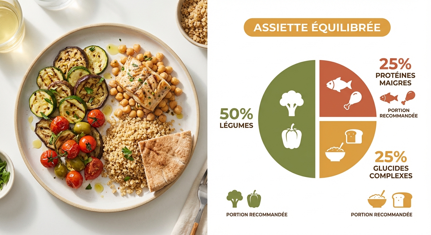Schéma de l'assiette équilibrée : 50% légumes, 25% protéines, 25% glucides complexes