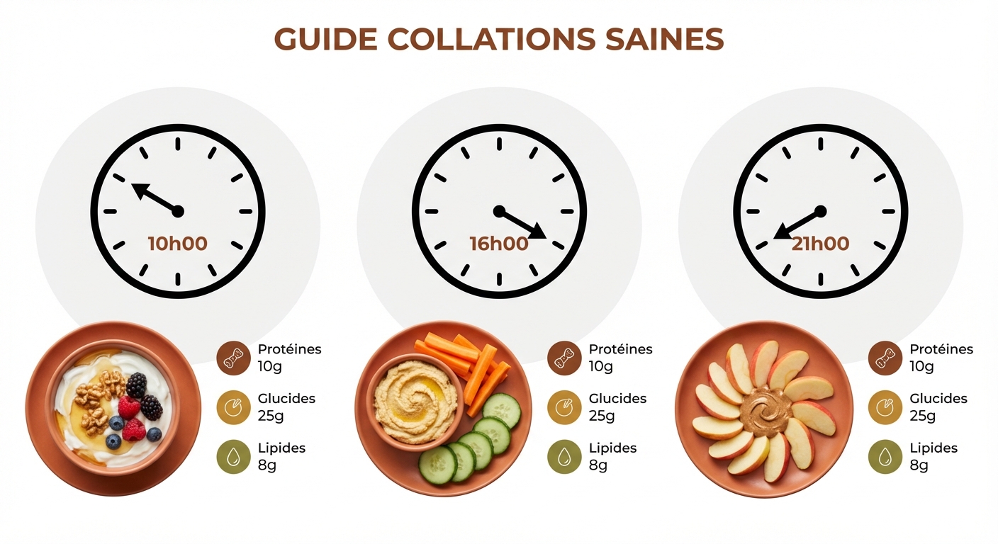 Trois collations stratégiques positionnées sur l'horloge de la journée avec profil nutritionnel