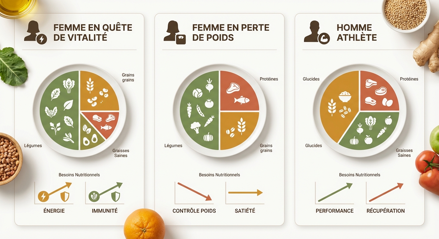 Trois profils nutritionnels avec adaptation des portions et macronutriments