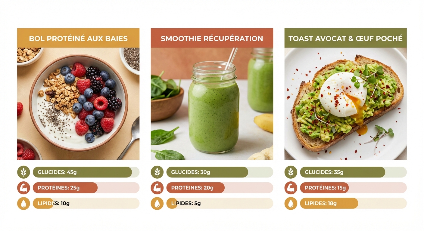 Trois recettes de petit-déjeuner équilibré avec répartition des macronutriments