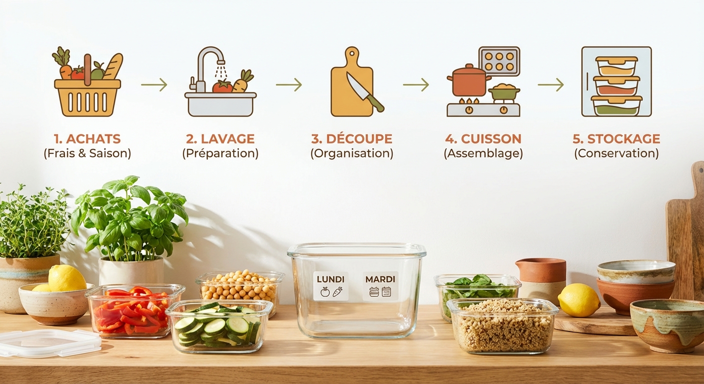 Workflow de préparation des repas du dimanche en 5 étapes