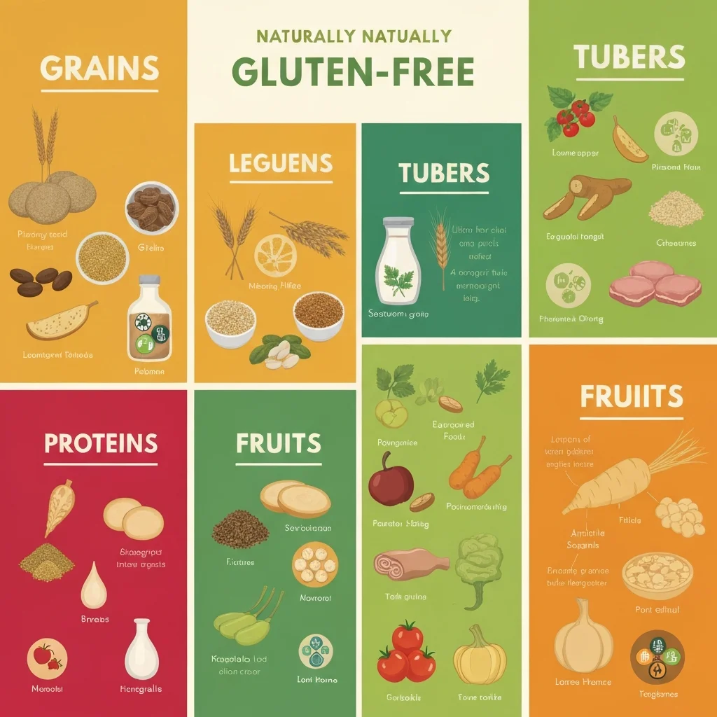 Infographie des familles d'aliments naturellement sans gluten classés par catégorie
