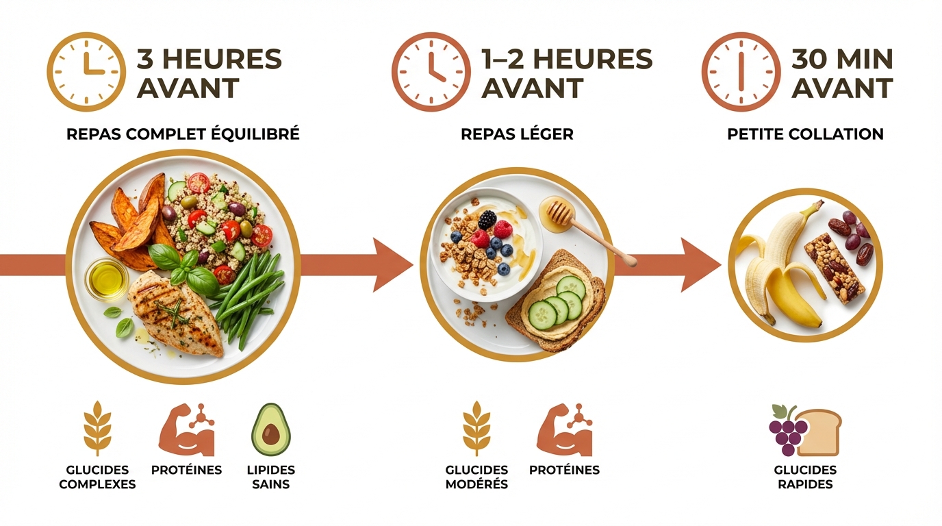 Chronologie du repas pré-entraînement selon le délai avant l'effort
