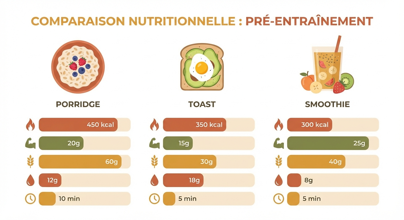 Comparatif nutritionnel de trois recettes pré-entraînement