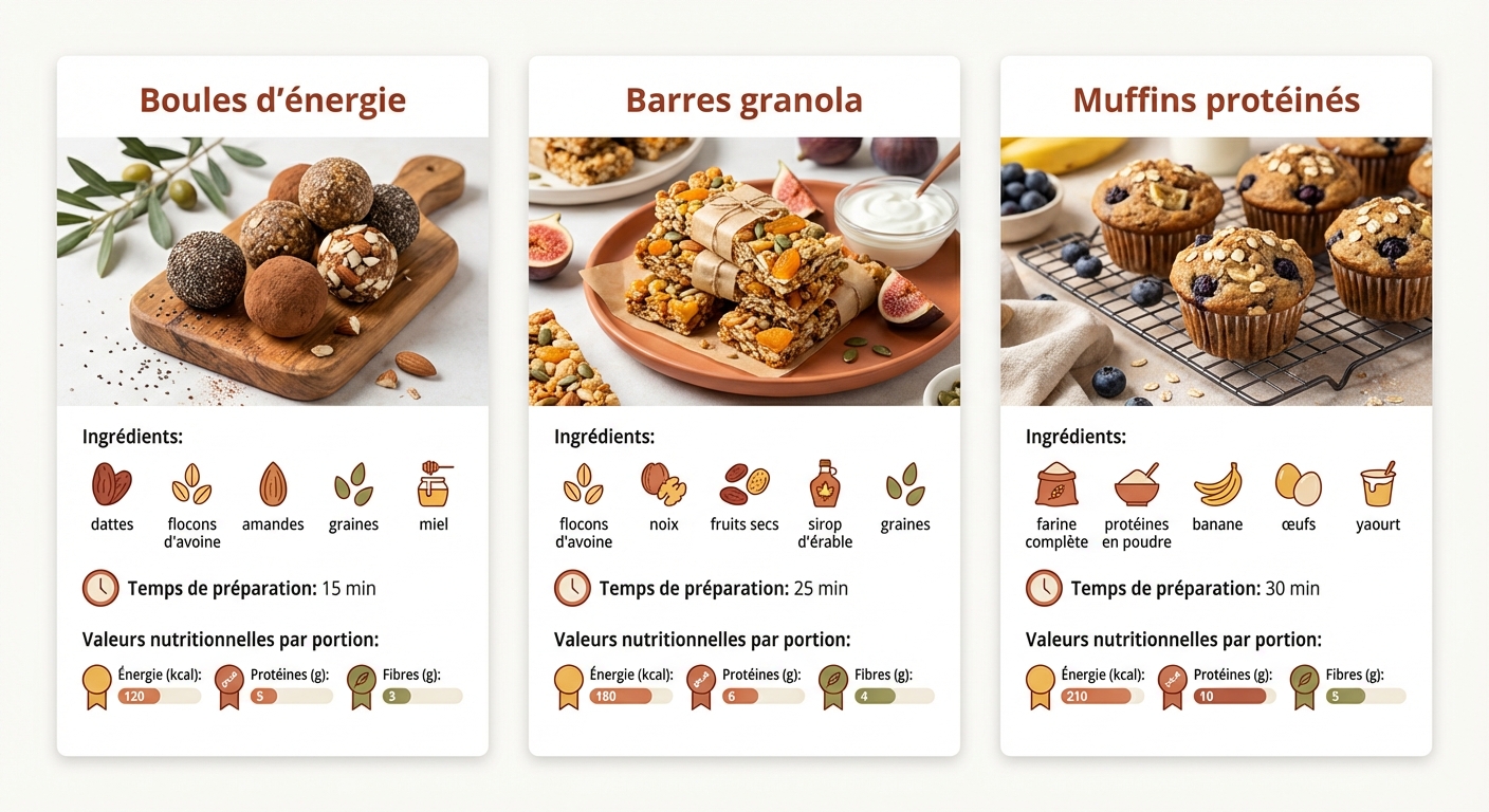 Fiches recettes de trois collations sportives maison avec valeurs nutritionnelles