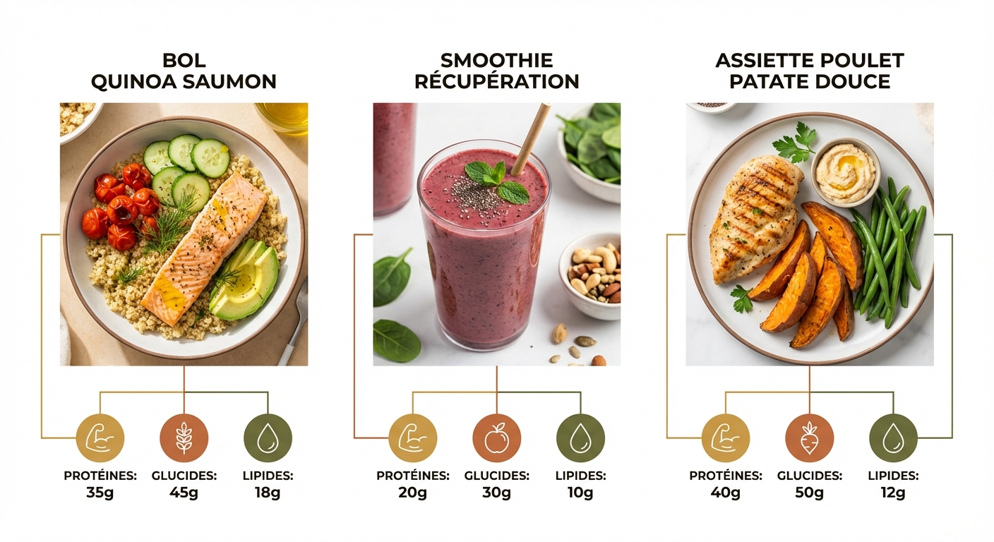 Trois assiettes de récupération sportive avec répartition des macronutriments