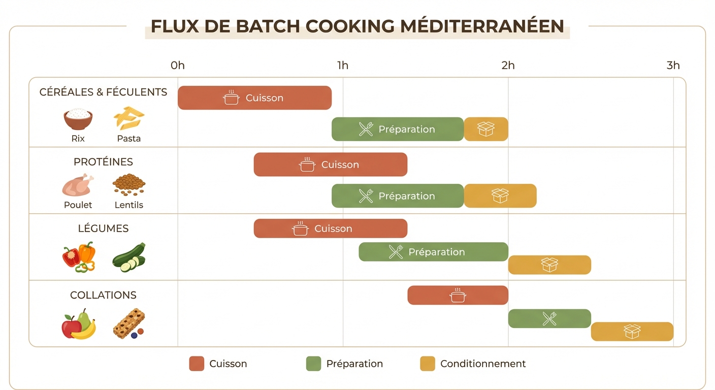 Workflow de batch cooking sportif avec tâches simultanées