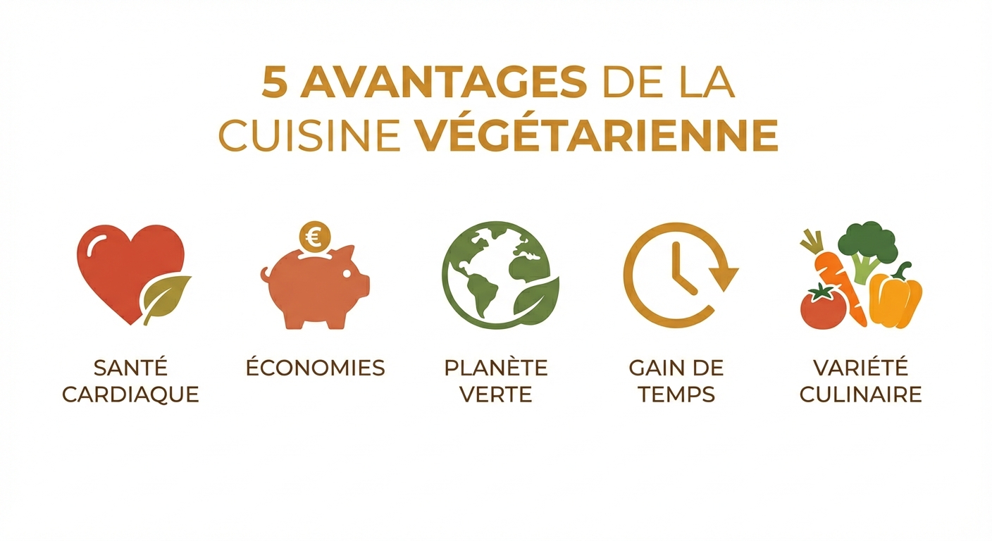 Infographie des 5 bénéfices de la cuisine végétarienne : santé, économies, planète, rapidité, variété