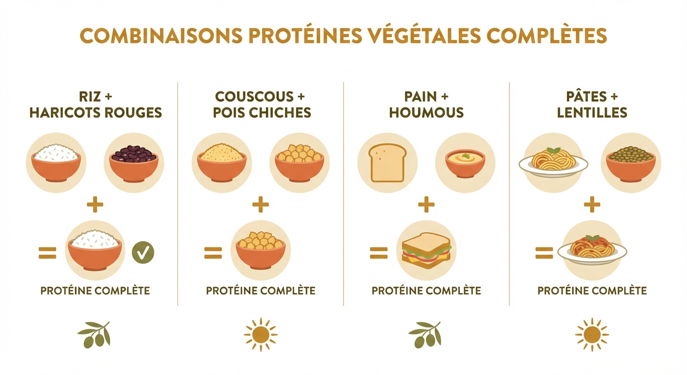 Infographie des associations de protéines végétales complètes : riz et haricots, couscous et pois chiches, pain et houmous