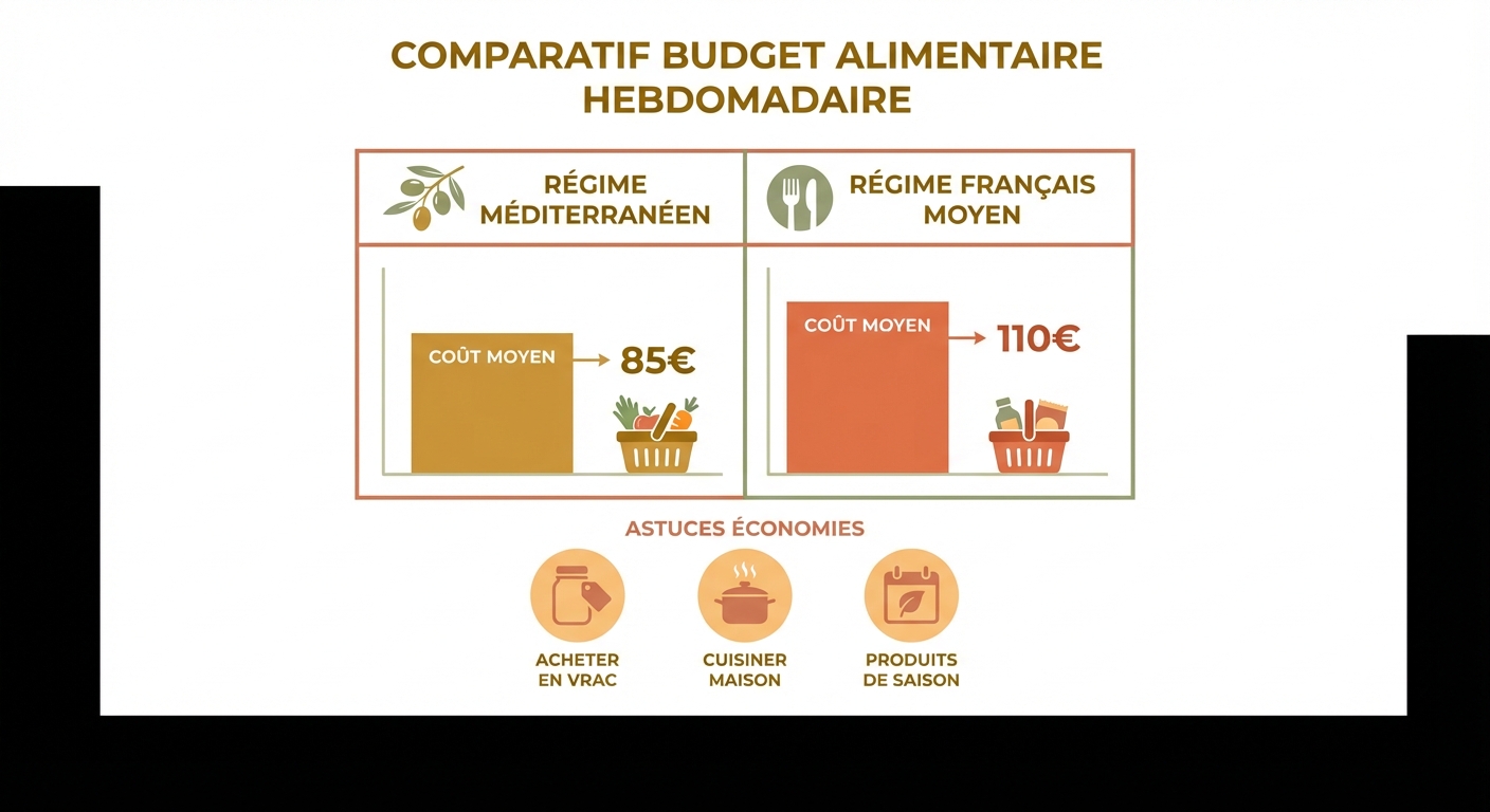 Comparaison du budget hebdomadaire du régime méditerranéen versus alimentation classique avec astuces économiques