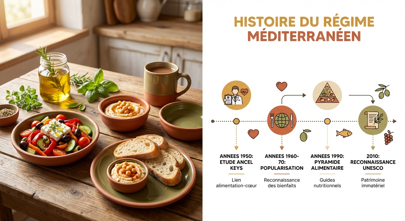 Frise chronologique des origines du régime méditerranéen, des études d'Ancel Keys à la reconnaissance UNESCO
