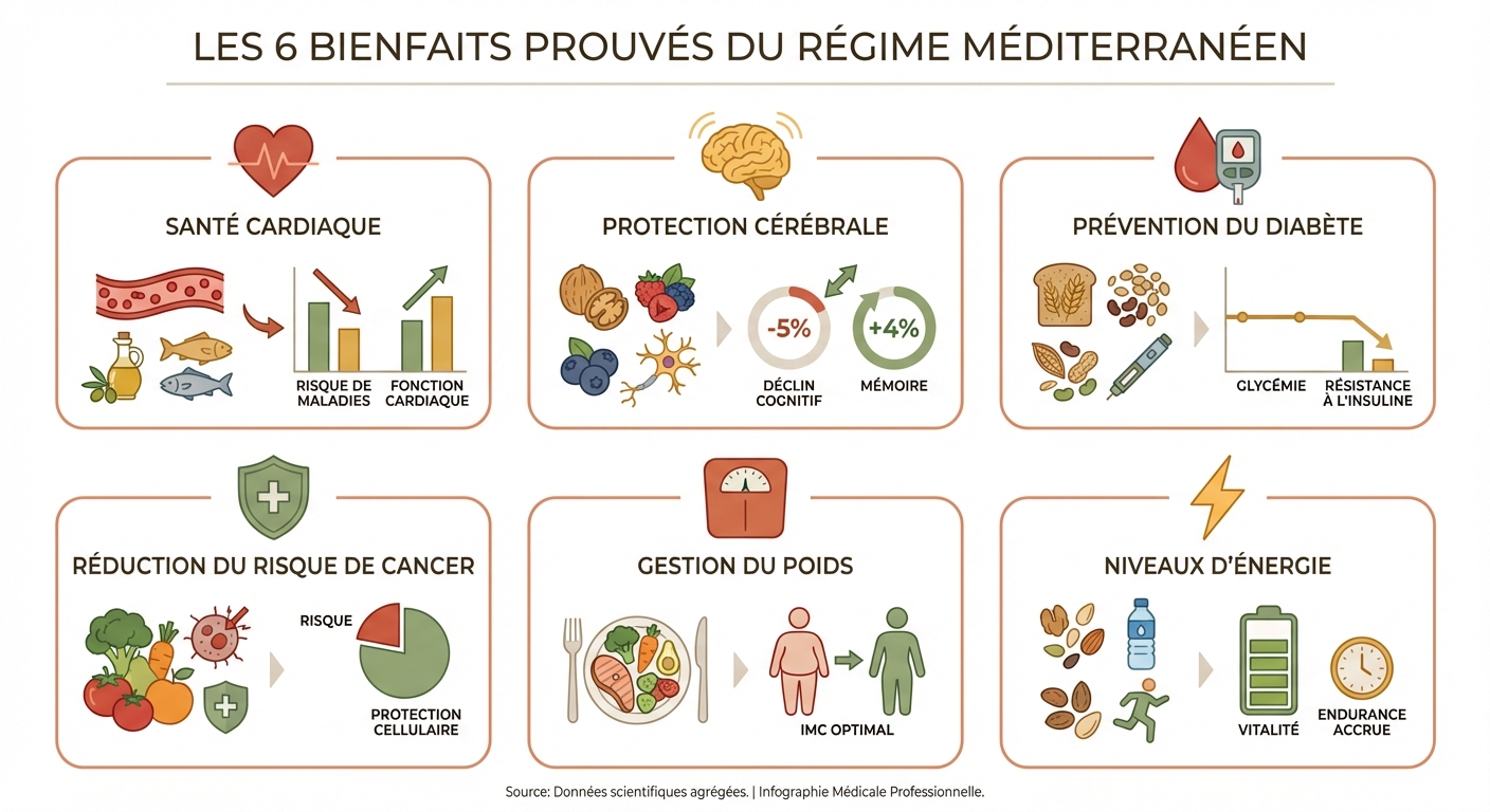 Les 6 bienfaits prouvés du régime méditerranéen sur la santé : cœur, cerveau, diabète, cancer, poids, énergie