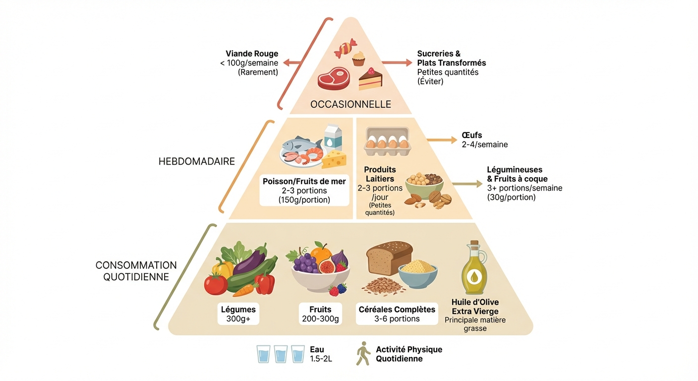 Pyramide alimentaire du régime méditerranéen avec portions recommandées par jour et par semaine