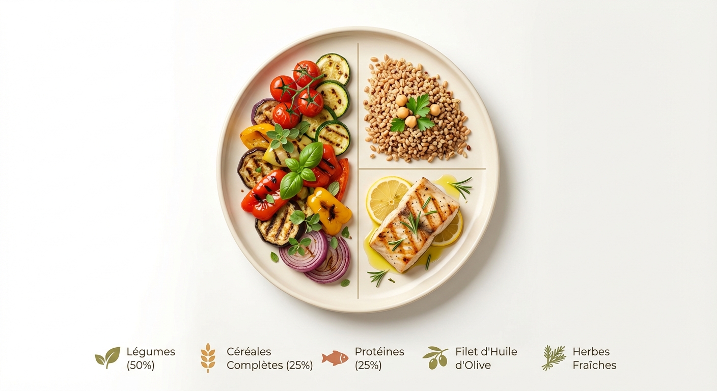 Assiette méditerranéenne idéale avec la répartition des portions