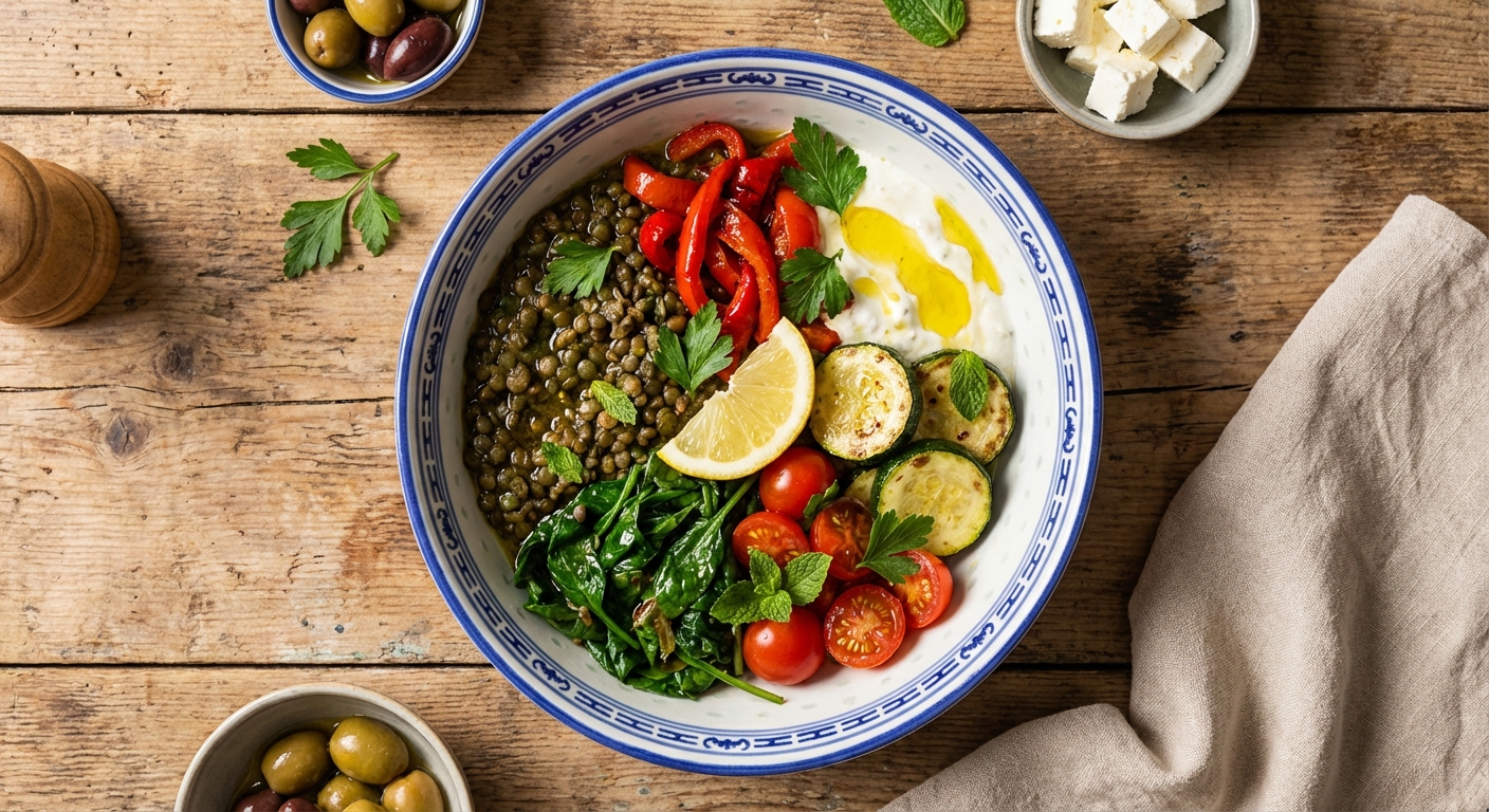 Bowl méditerranéen de lentilles corail aux épinards et légumes rôtis