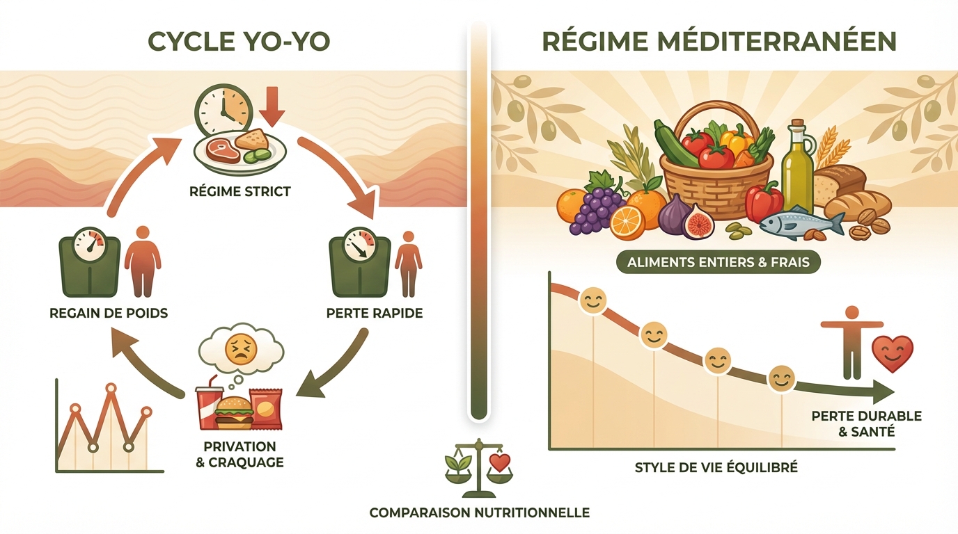 Comparaison entre le régime méditerranéen (perte durable) et les régimes restrictifs (effet yoyo)
