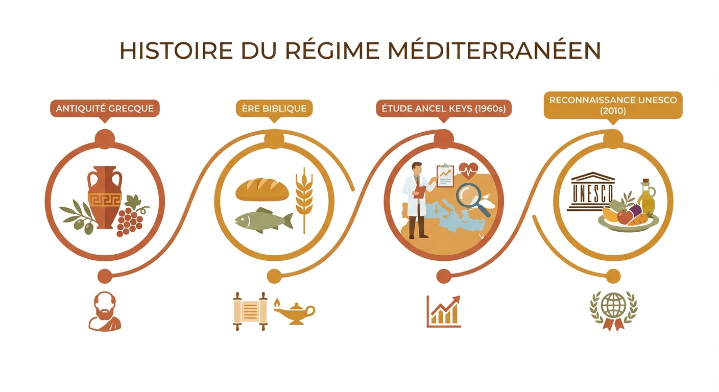 Frise chronologique des origines du régime méditerranéen, de l'Antiquité à la reconnaissance UNESCO
