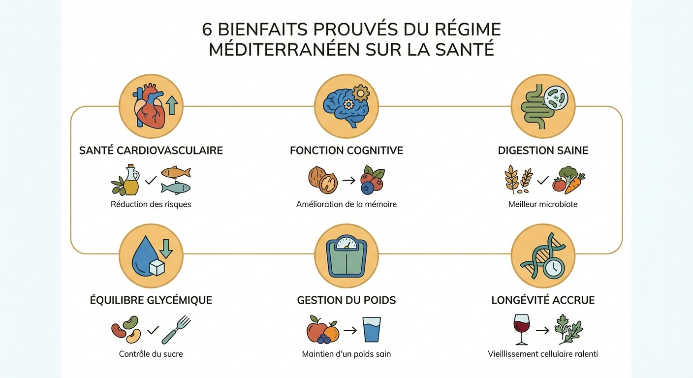 Infographie des six bienfaits prouvés du régime méditerranéen : cœur, cerveau, intestin, glycémie, poids, longévité