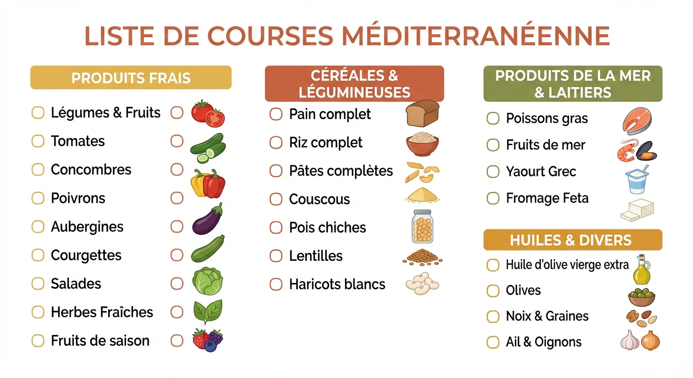 Liste de courses illustrée par rayon pour le régime méditerranéen