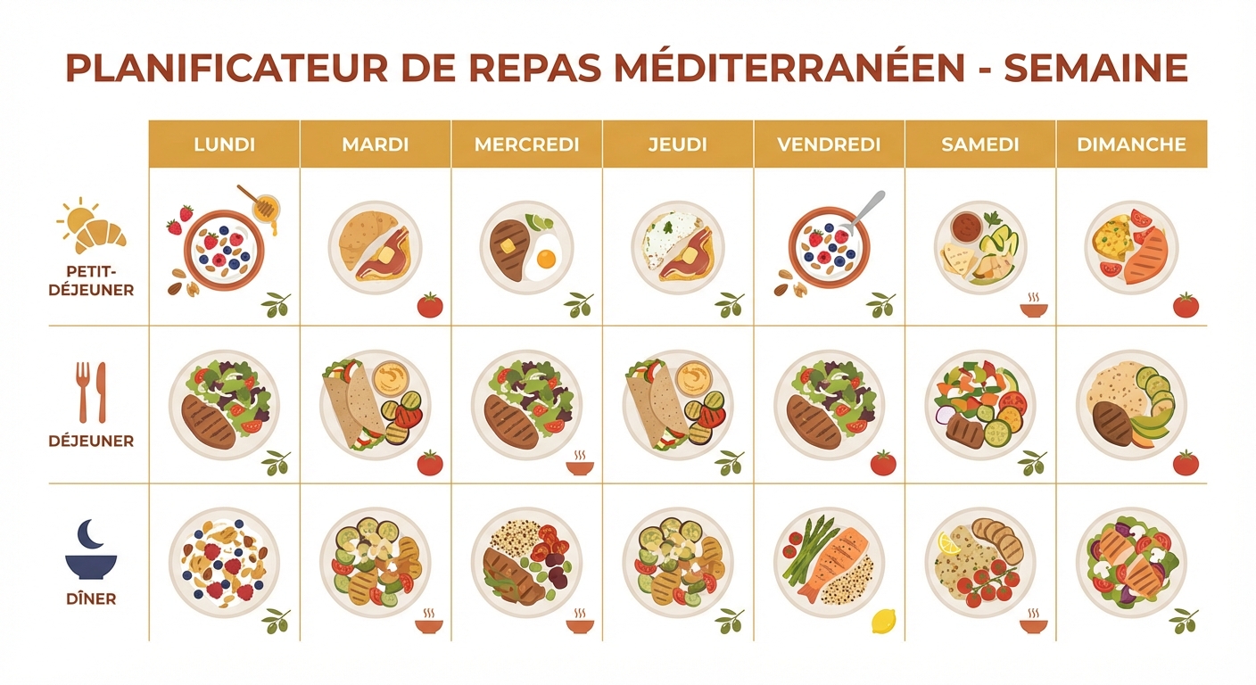Planning de menus méditerranéens pour une semaine complète avec petit-déjeuner, déjeuner et dîner