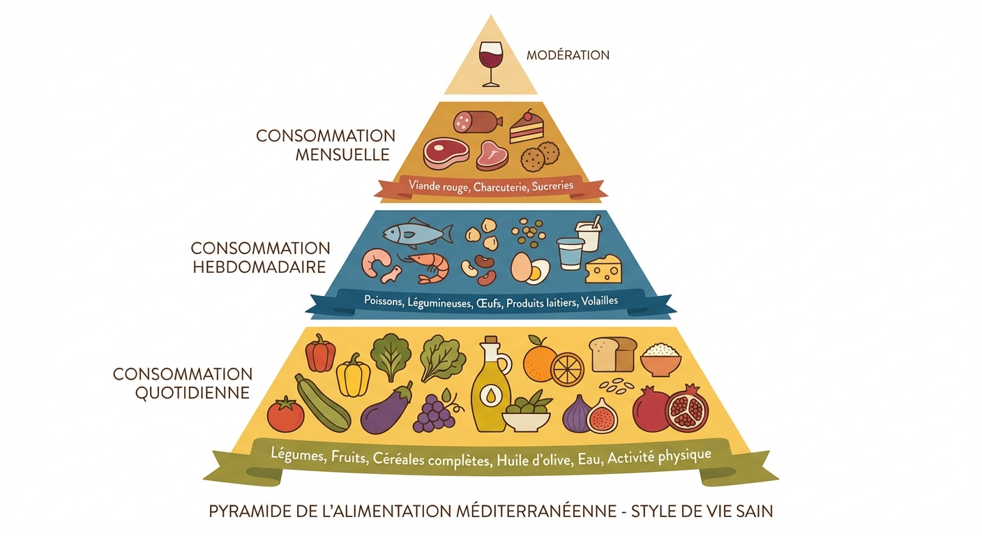 Pyramide alimentaire du régime méditerranéen avec les aliments classés par fréquence de consommation