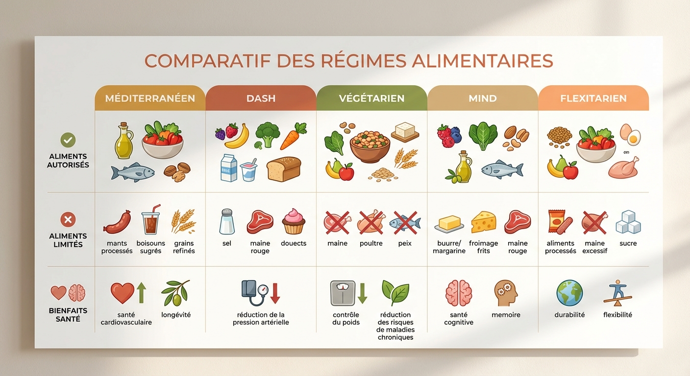 Comparatif visuel des cinq principaux régimes alimentaires particuliers avec aliments autorisés et bénéfices santé