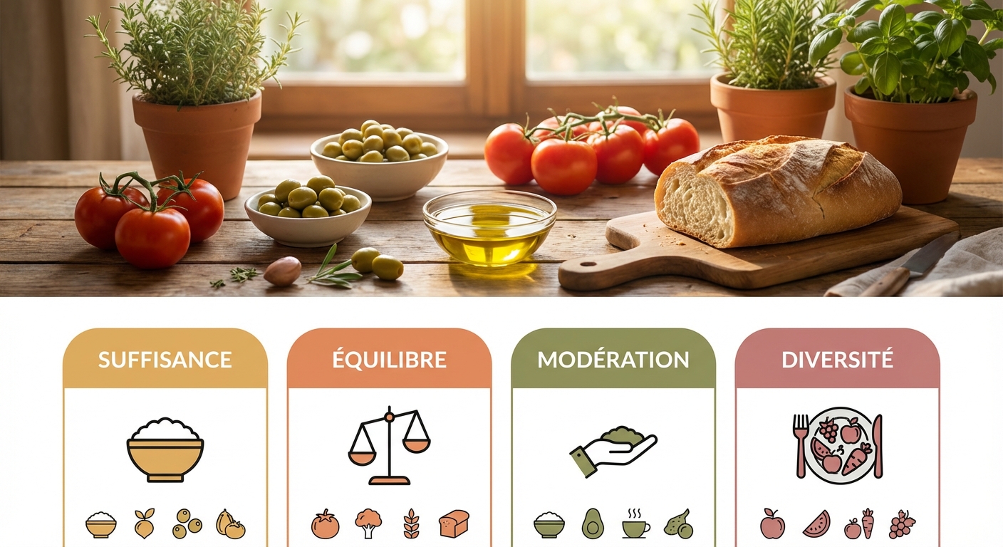 Infographie des quatre piliers fondamentaux d'un régime alimentaire particulier : suffisance, équilibre, modération, diversité