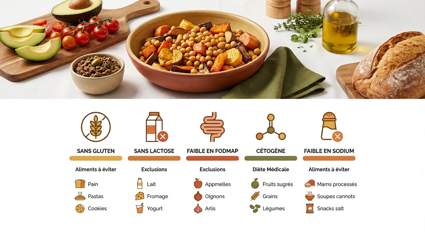 Infographie des régimes alimentaires particuliers prescrits pour raisons médicales avec aliments exclus