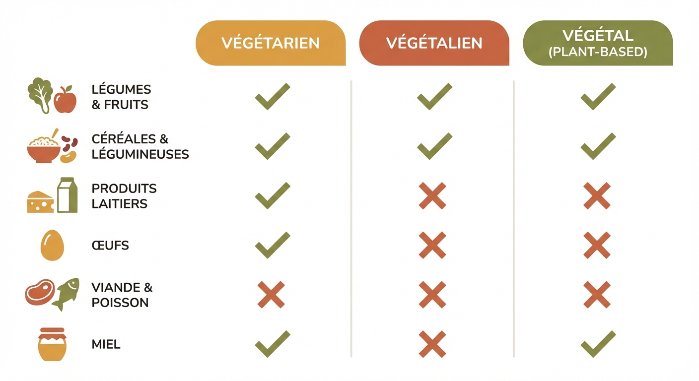 Tableau comparatif des différences entre régime végétarien, végétalien et végan