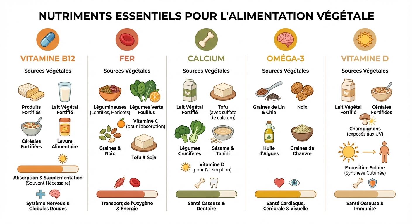 Tableau des nutriments essentiels et leurs sources végétales