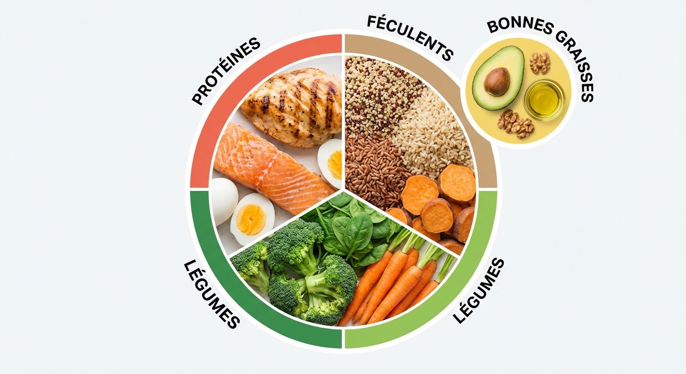 Assiette du sportif gourmand : proportions protéines, glucides, légumes et lipides