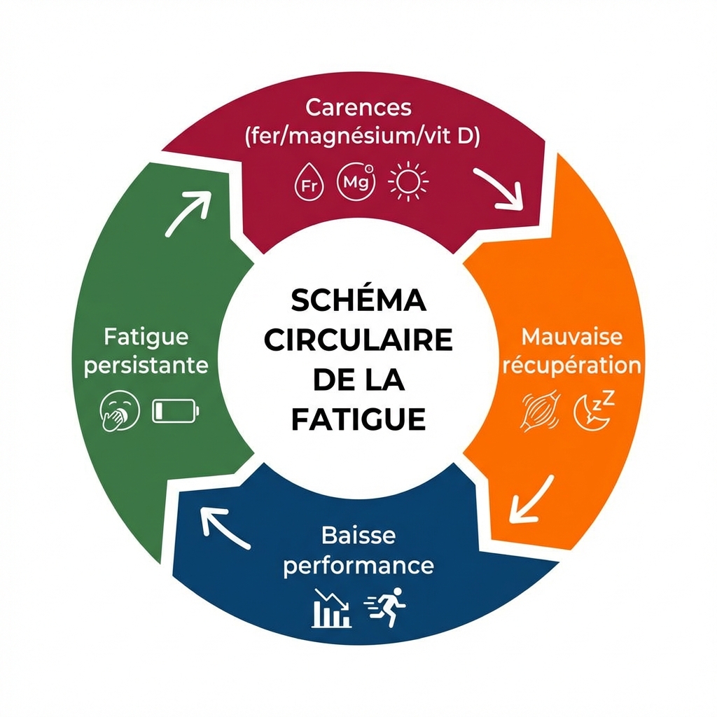 Cycle de la fatigue chez le sportif : carences, mauvaise récupération, baisse de performance, fatigue