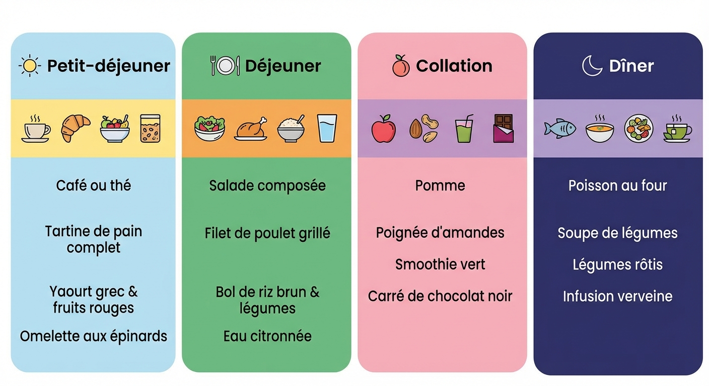 Exemple de journée type en nutrition sportive : petit-déjeuner, déjeuner, collation, dîner