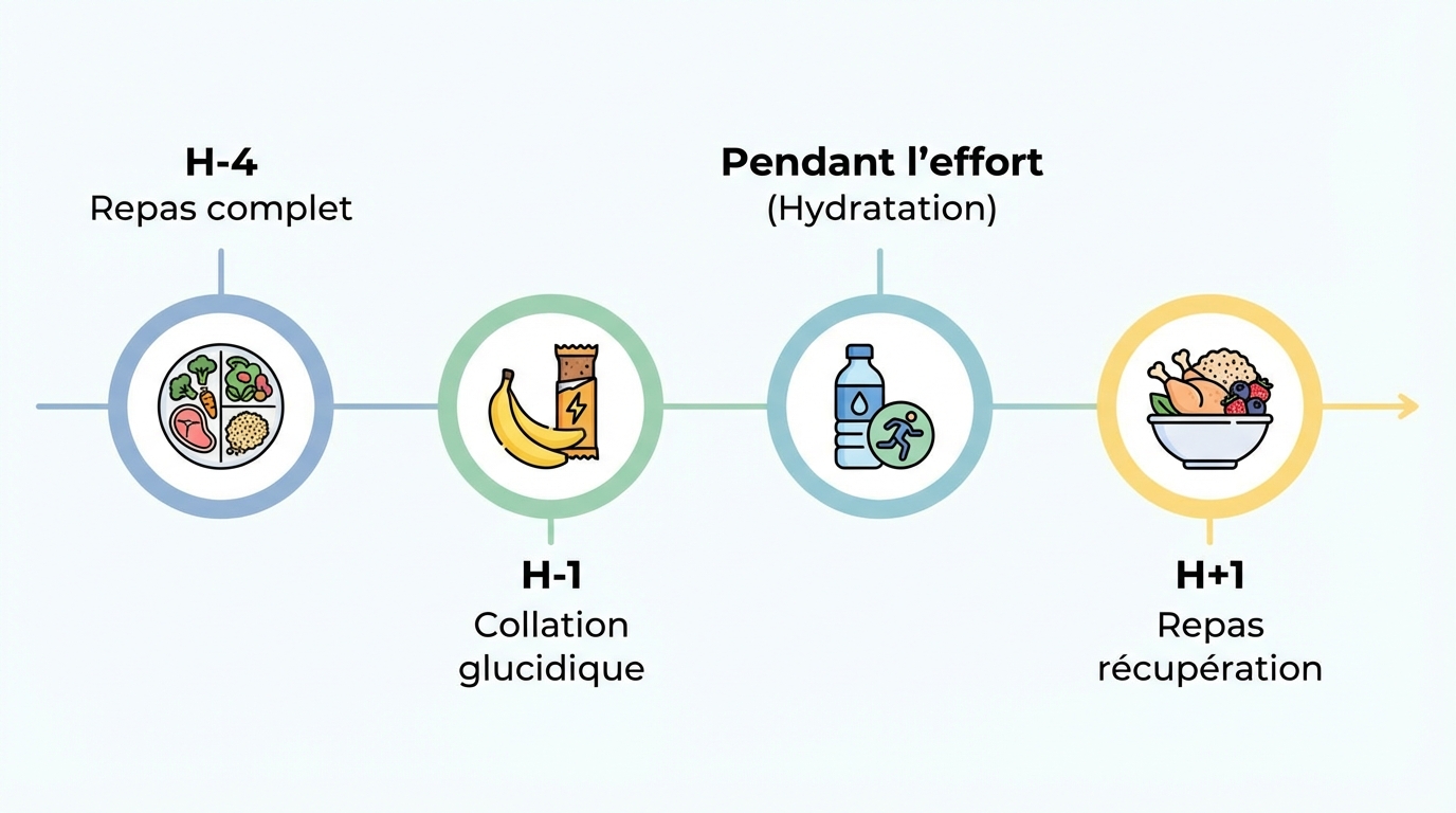 Timeline claire du timing nutritionnel : repas à H-4, collation à H-1, hydratation pendant l'effort, repas à H+1