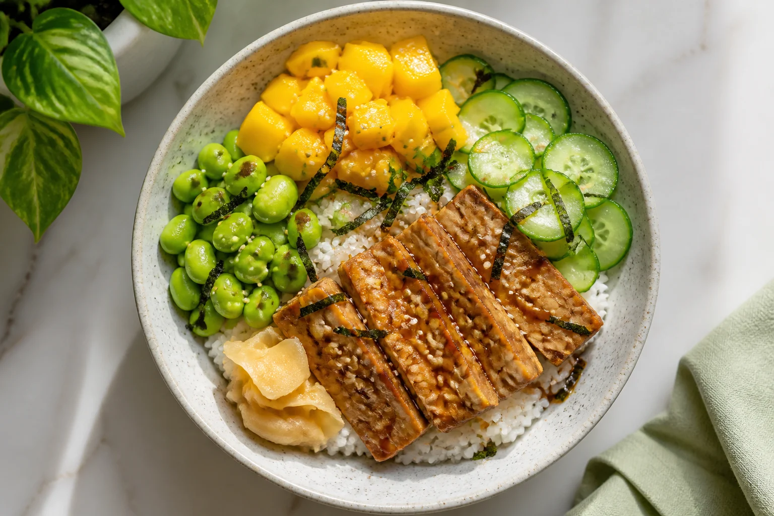 Poké bowl vegan tempeh & mangue (520 kcal, 35 min)