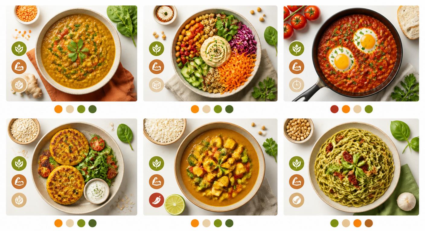 Infographie présentant six recettes sans viande rapides en moins de 25 minutes