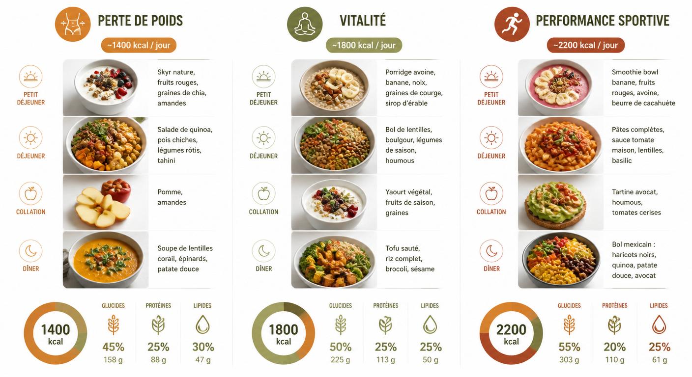 Infographie comparant trois variantes d'une journée sans viande selon l'objectif