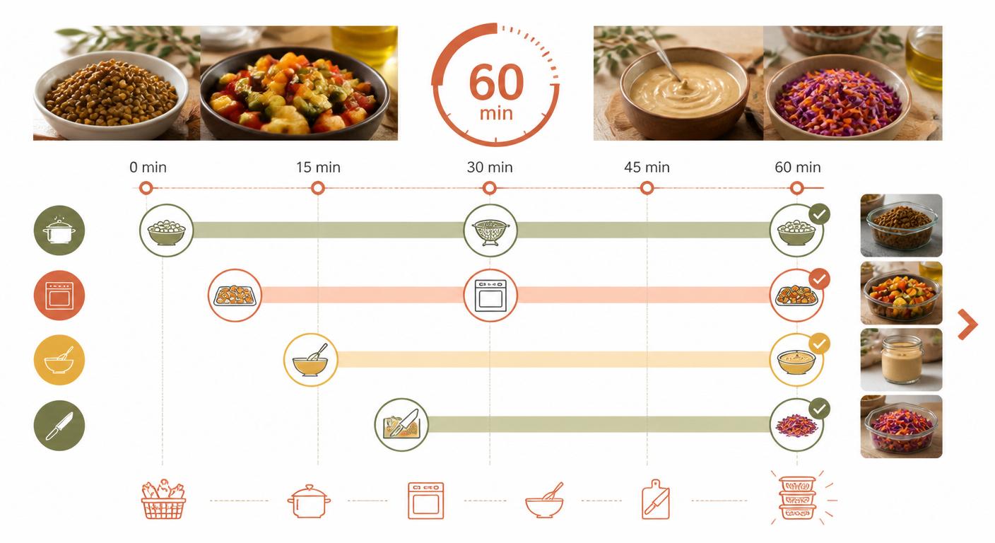 Infographie présentant le planning de batch cooking pour une journée sans viande en 60 minutes