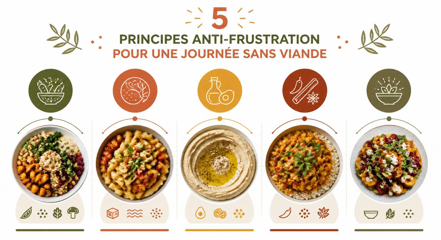 Infographie présentant cinq leviers anti-frustration pour une journée sans viande