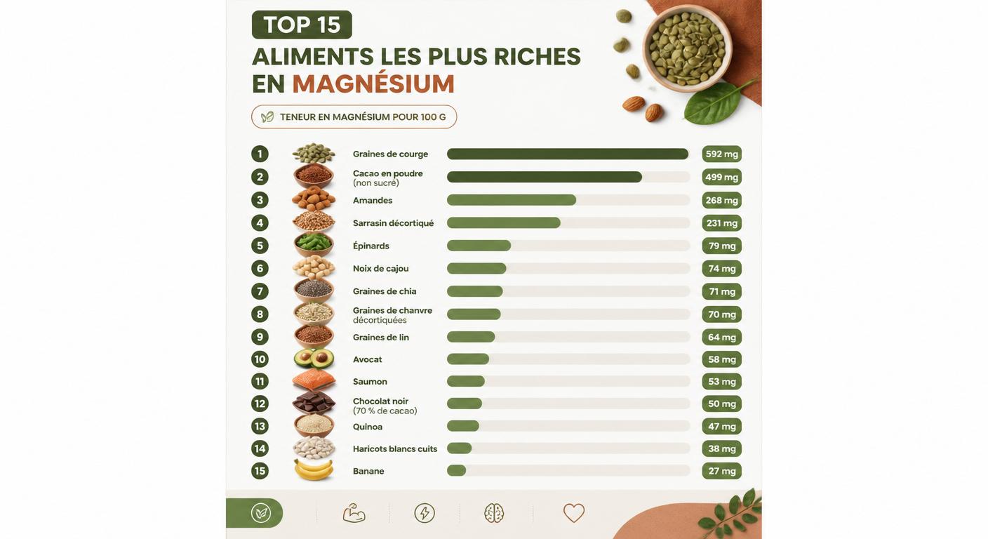 Infographie du top 15 des aliments riches en magnésium