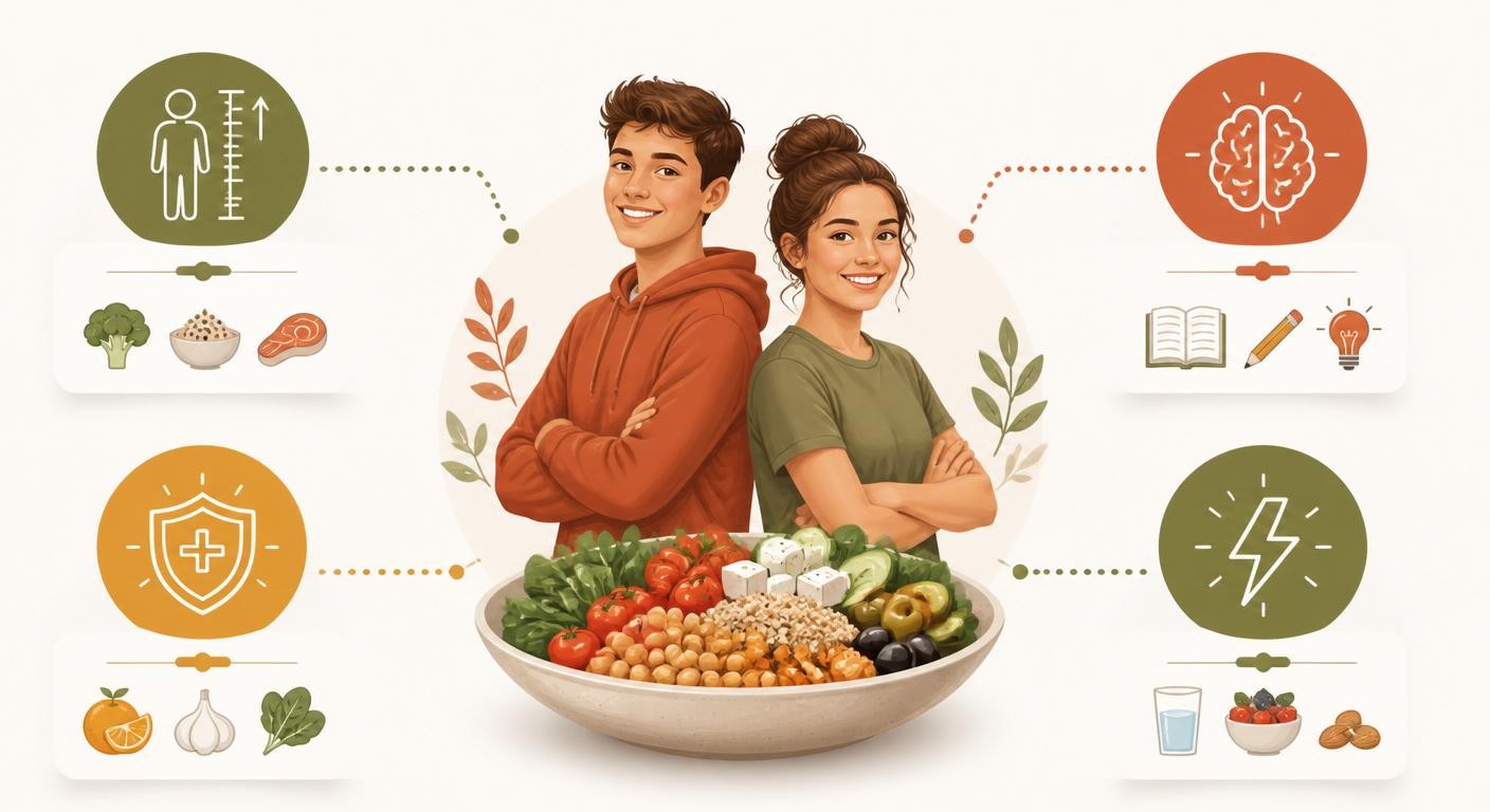 Infographie expliquant l'importance de l'alimentation équilibrée à l'adolescence