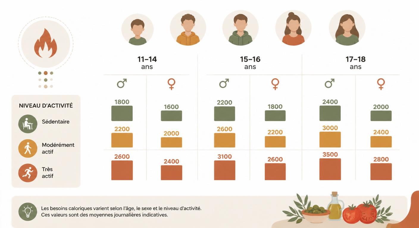 Infographie des besoins caloriques quotidiens des adolescents selon l'âge et l'activité