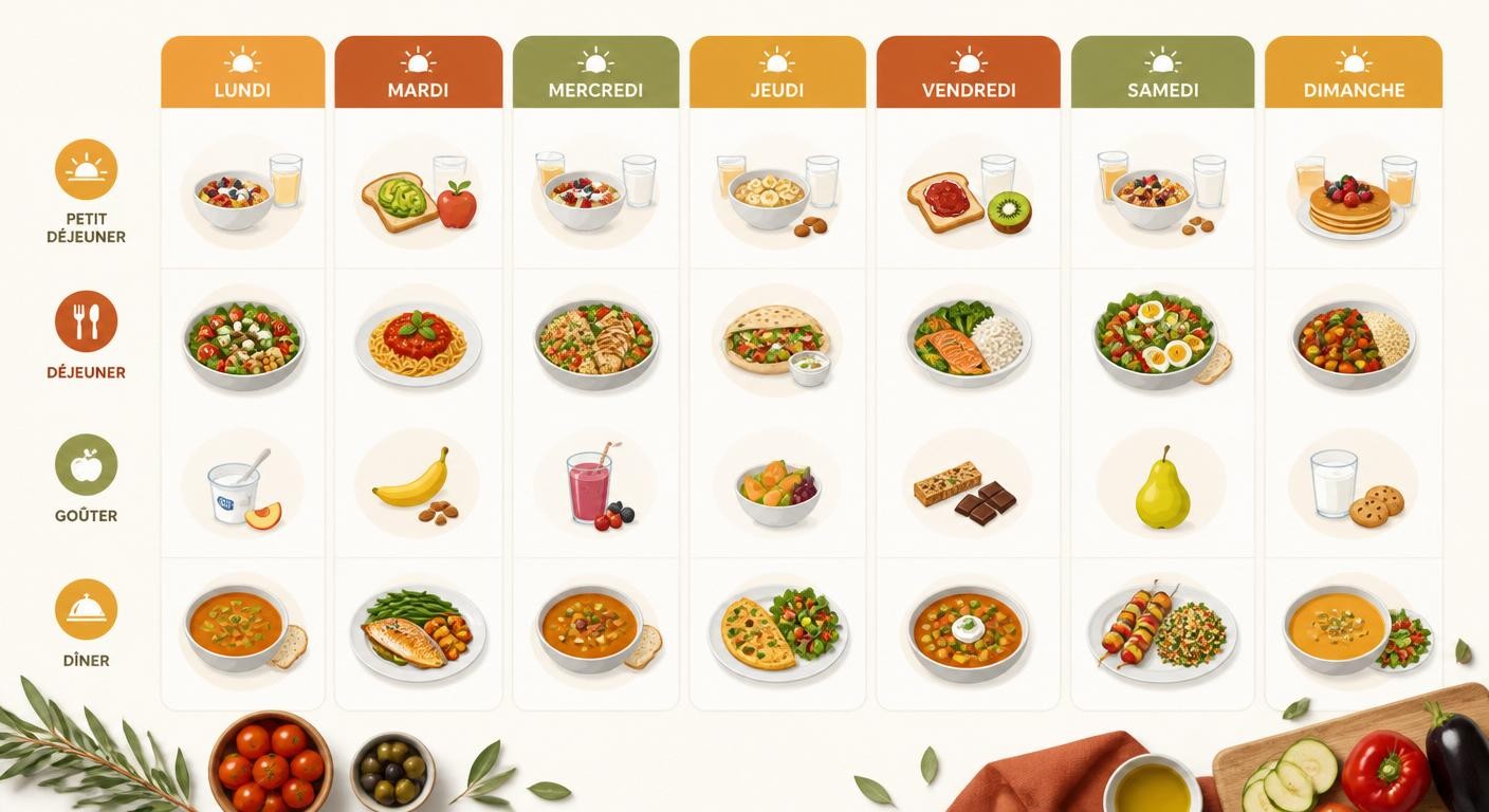 Infographie d'un menu équilibré sur une semaine pour adolescent