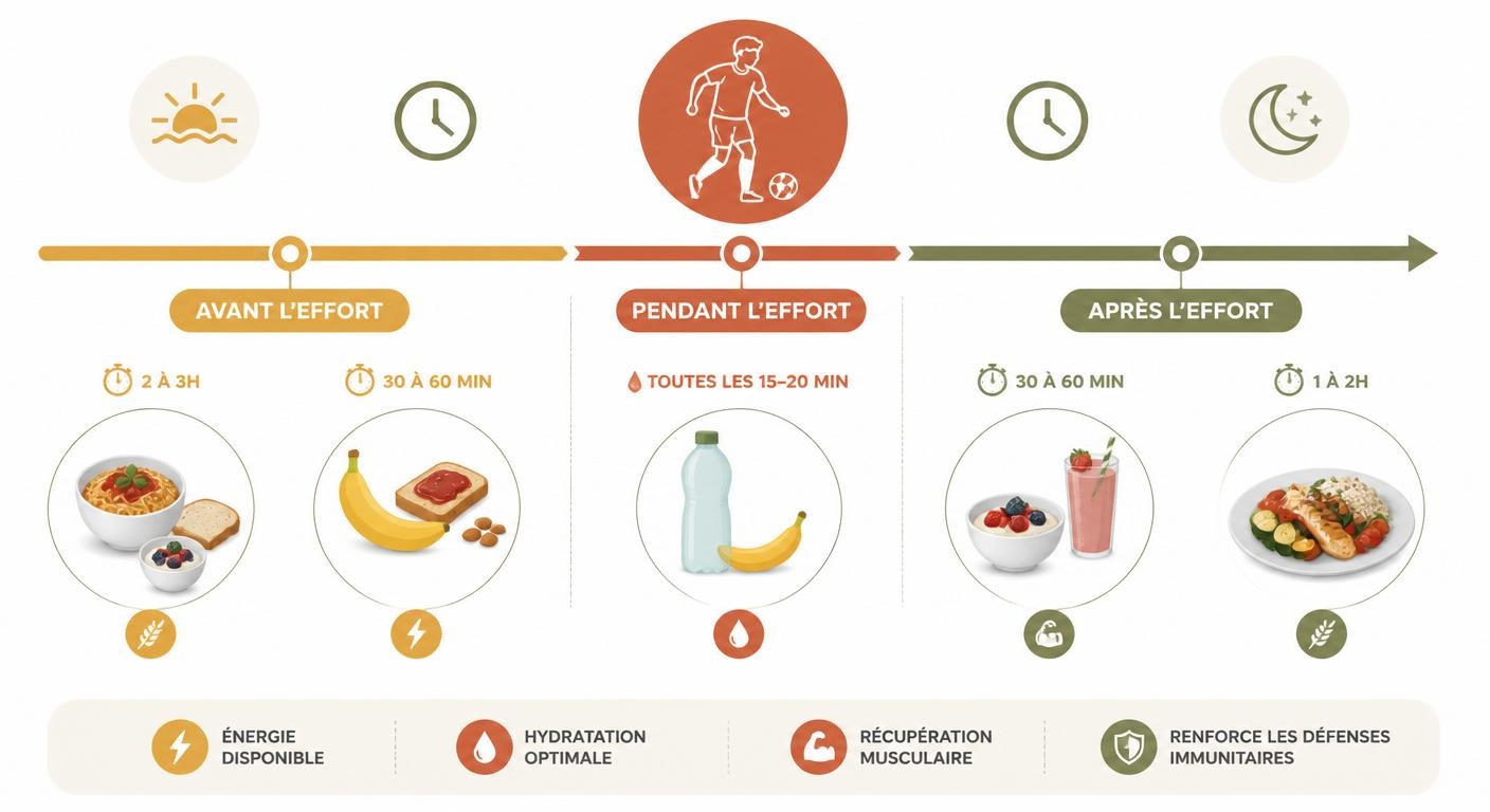 Infographie du timing nutritionnel autour de l'entraînement pour un adolescent sportif