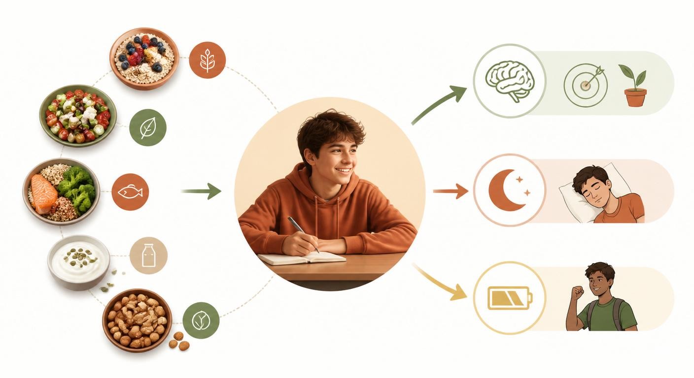 Infographie reliant alimentation, concentration, sommeil et énergie chez l'adolescent