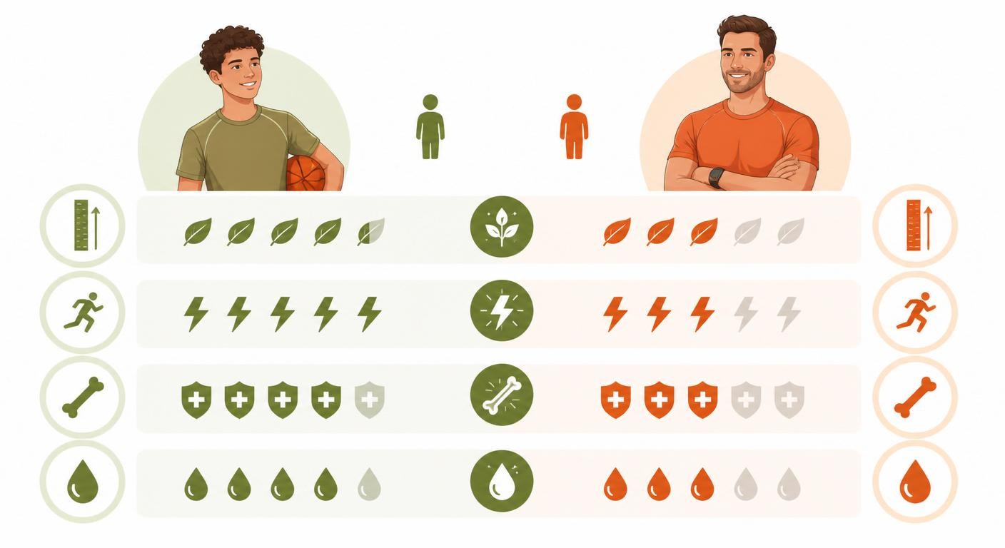 Infographie comparant les besoins nutritionnels d'un ado sportif et d'un adulte